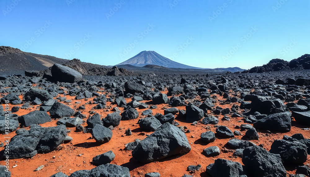 Poster a rocky desert with a large mountain in the background. the sky is clear and blue. the scene is deso