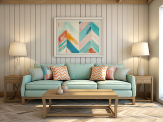 Modern minimalist living room interior with wall panelling in light wood colors and mint sofa. Living room with wall panels, couch and simple minimalist decor