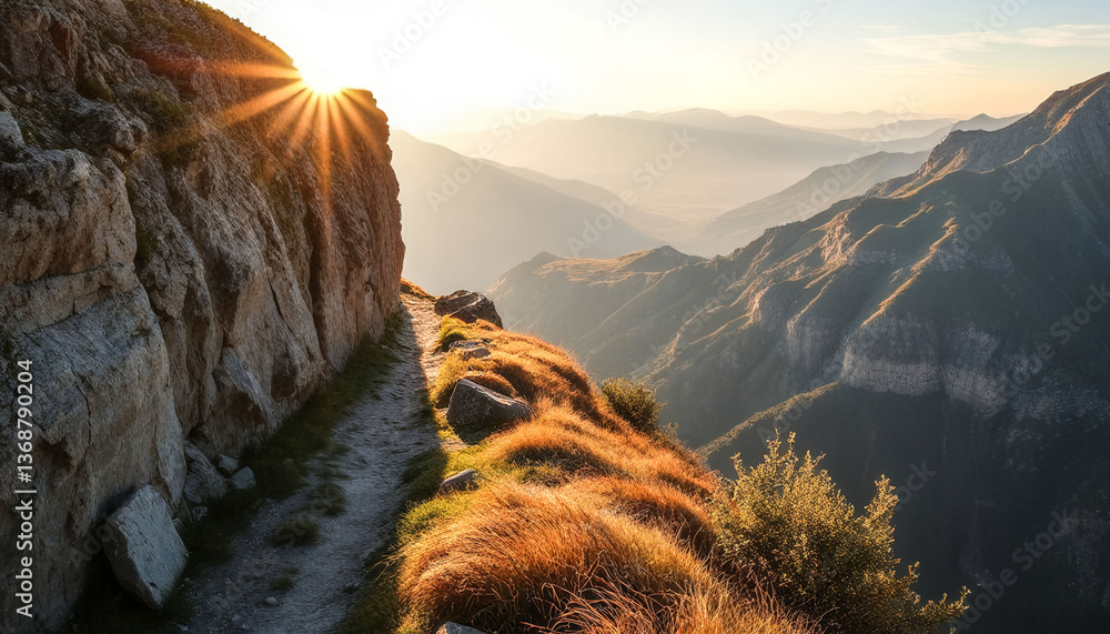 Poster a mountain range with a path leading to the top. the sun is shining on the path, creating a warm and