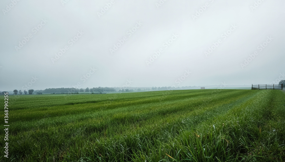 Poster a field of grass with a fence in the background. the sky is cloudy and the grass is wet