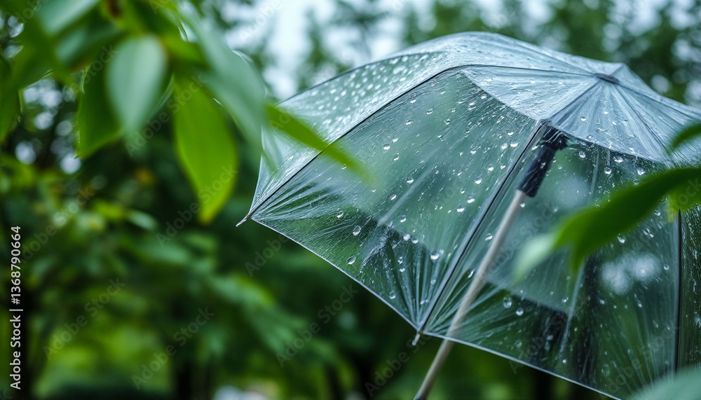 Poster a clear umbrella is open in the rain. the umbrella is open to the right of a tree