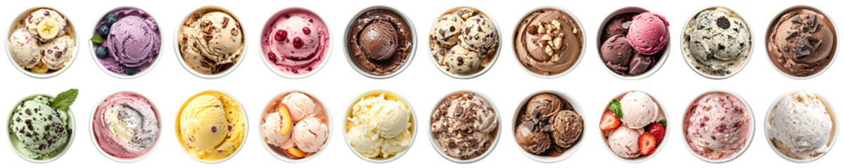 A Colorful Display of Delicious Ice Cream Flavors in Bowls, Featuring Various Toppings and Textures, Perfect for Dessert Lovers and Food Enthusiasts. Piquant food set.