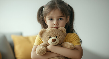 Sad Little Girl Hugging Teddy Bear, Feeling Lonely, Depressed