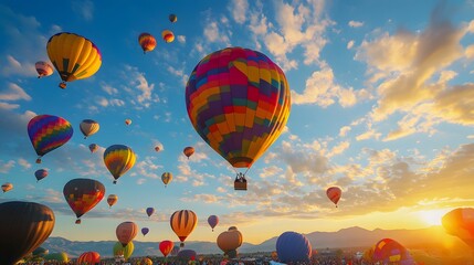 Colorful hot air balloons soar at sunrise