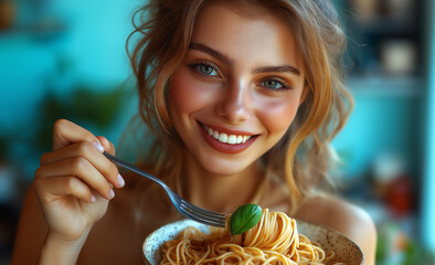 young woman eating spaghetti