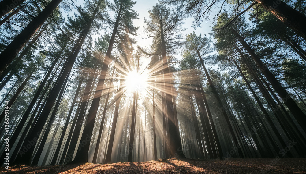Poster a forest with trees in the foreground and background. the trees are tall and the sky is cloudy