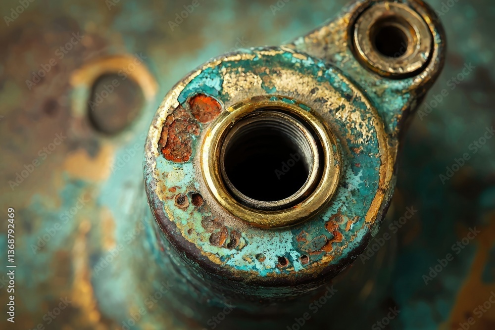 Poster a close-up of a corroded metal pipe fitting with peeling paint and visible threads inside the hole.