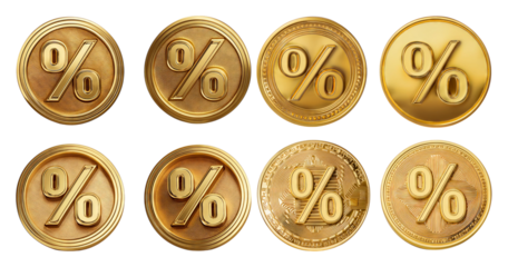Set of Golden Coins with Percentage Symbols Ideal for Financial Themes, isolated on transparent background
