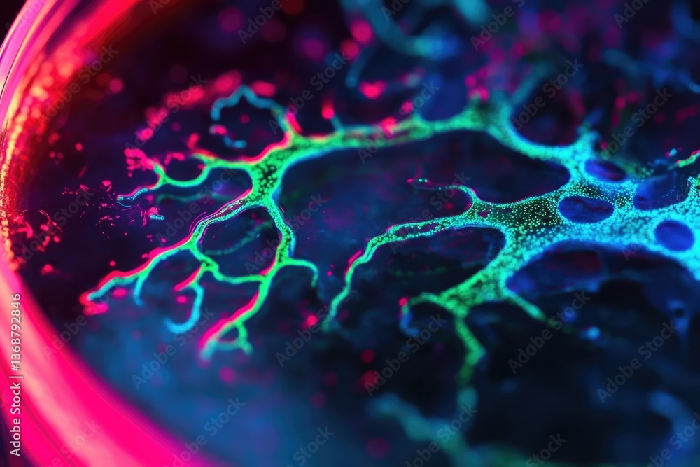 Poster a microscopic, vibrant display showcasing neuron pathways and vascular structures with an intense fl