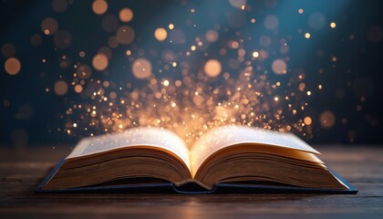 Open book on dark background with sparkling bokeh lights. Magic, mystery atmosphere. Concept of knowledge, imagination, fantasy, fairytale. Storytelling, learning, creativity. Illuminated pages,