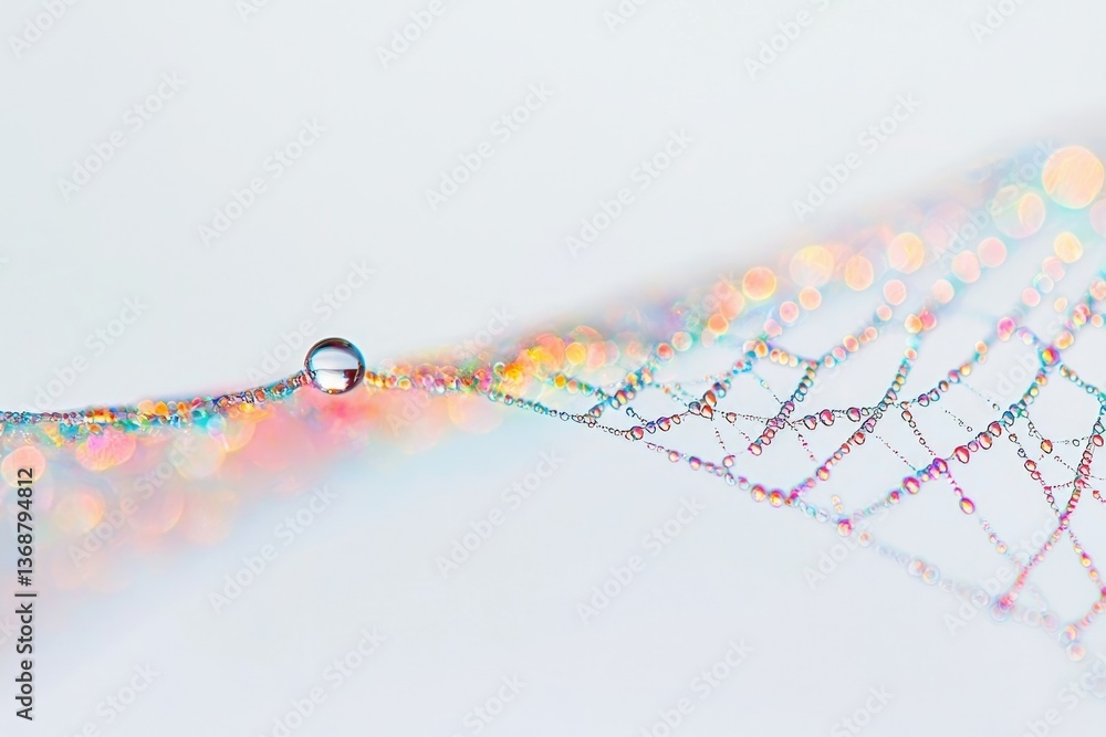 Poster a glistening spiderweb adorned with rainbow droplets and a single larger water drop, creating a magi