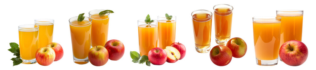 Fototapeta premium Freshly Squeezed Juice and Apples on a Clean White Background, PNG bundle collection, Isolated on Transparent Background