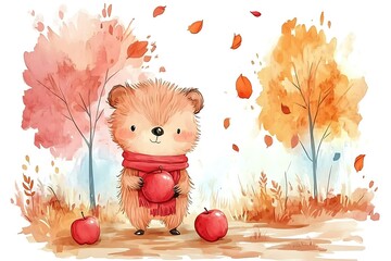 Cute hedgehog holding apple in autumn.