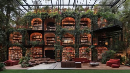 Obraz premium Lush, indoor library with a vertical garden. A modern, botanical library with shelves, seating, and abundant greenery