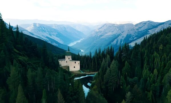 Aerial panoramic view of pine forests and nature in north georgia caucasus mountains. Travel in Svaneti