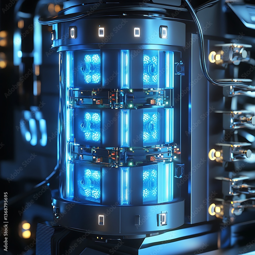 Poster futuristic data processing unit with glowing components