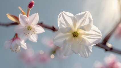Delicate blossoms on branches, sunlit with a soft, blurry background
