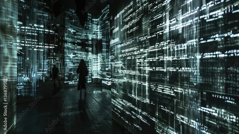 Poster explore a modern art installation featuring abstract digital projections that intertwine technology 