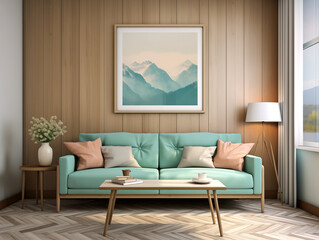 Modern minimalist living room interior with wall panelling in light wood colors and mint sofa. Living room with wall panels, couch and simple minimalist decor