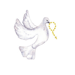 Flying dove holding a rosary. Watercolor illustration. For first communion, baptism greeting cards, invitation, wedding card. Isolated