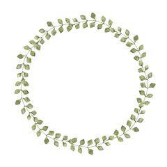 Round frame of green leaves. Wreath of light green branches. Watercolor illustration. Isolated. Template for first communion, baptism, wedding greeting cards, invitation, save the date. Copy space