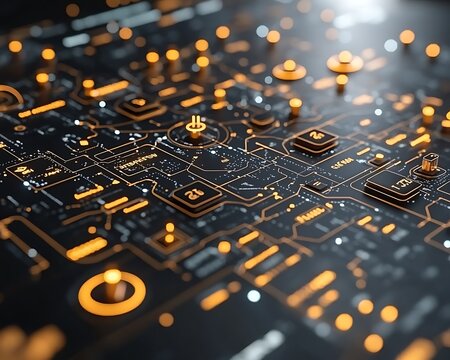 Futuristic circuit board with glowing orange nodes.