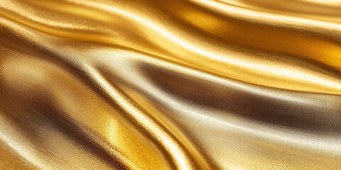 Fototapeta premium Golden shiny background with fabric texture. Close-up of wavy fabric. Shiny iridescent texture