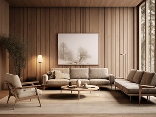 Modern minimalist living room interior with wall panelling in dark wood colors and neutral color interior. Living room with wall panels, couch and simple minimalist decor