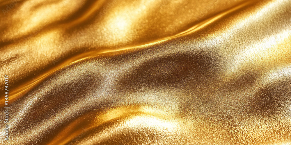 Poster golden shiny background with fabric texture. close-up of wavy fabric. shiny iridescent texture
