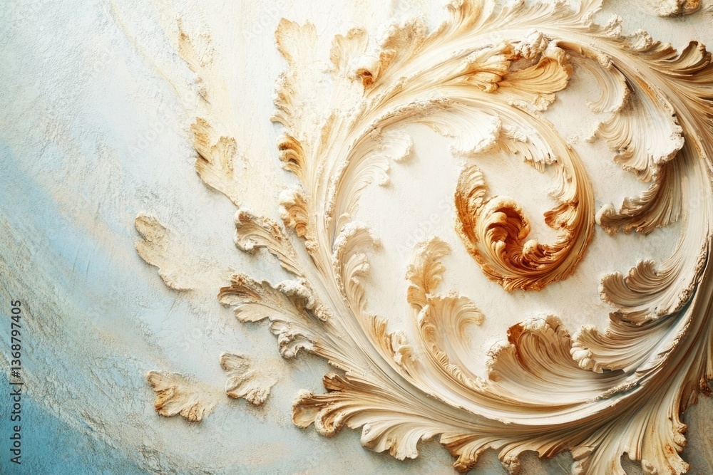 Poster ornate plasterwork features swirling floral patterns and decorative embellishments, creating a luxur
