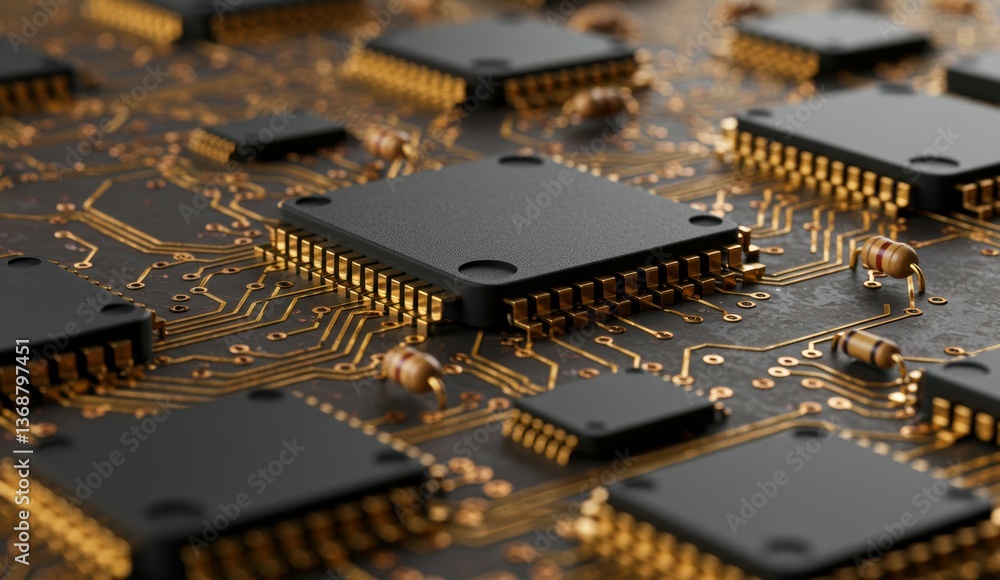 Aufkleber close-up of microchips on circuit board showcasing technology in modern electronics and engineering.