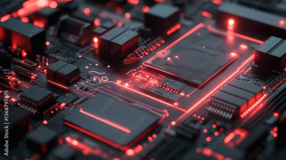 Poster this close-up image showcases a futuristic circuit board featuring intricate microchips illuminated 
