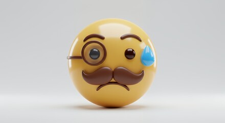 Fototapeta premium A 3D Render of a Sad Emoji with Monocle and Mustache, Depicting Melancholy and Nostalgia