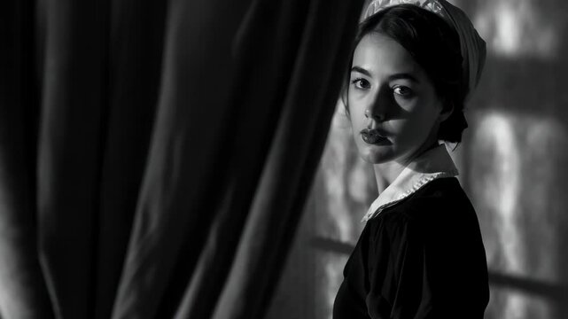 Female employee: black and white video, focused expression, professional appearance, determined posture, working diligently, monochrome footage, attention to detail, concentration, task completion.