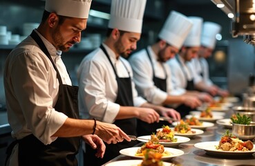 Chefs work together at restaurant. Cooks preparing dishes on plates. Culinary team in action, focus, precision, teamwork. Restaurant staff, people in uniform. Commercial kitchen, food service