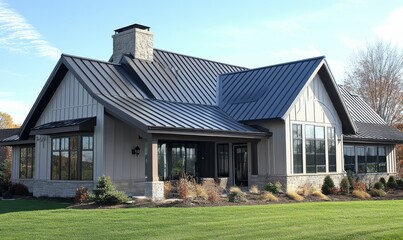 Standing seam metal roof with gable end on a warm sunny sky, warm sky, industrial style