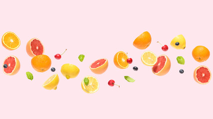 Colorful fresh Summer fruits isolated on a  pink background. Perfect for food blogs, healthy eating...