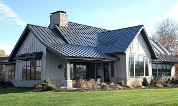 Standing seam metal roof with gable end on a warm sunny sky, warm sky, industrial style