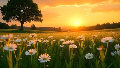 Obraz premium A beautiful landscape of a field of daisies with a tree on the left side. The sky is a warm orange color with a few wispy clouds. The sun is setting in the background, casting a golden glow over the s