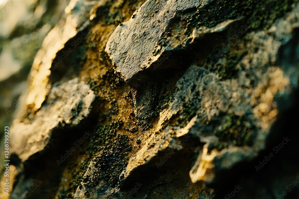 Poster close-up of a rough rock surface with moss and lichen, illuminated by warm light creating a textured