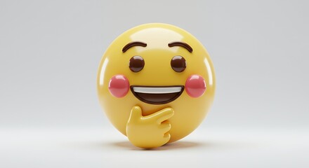 Fototapeta premium Adorable 3D Render of a Smiling Emoji with Rosy Cheeks Contemplating Thoughtfully