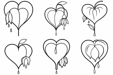 Bleeding Heart Flower Outline Coloring Book Page Line Art Drawing Set on White Background