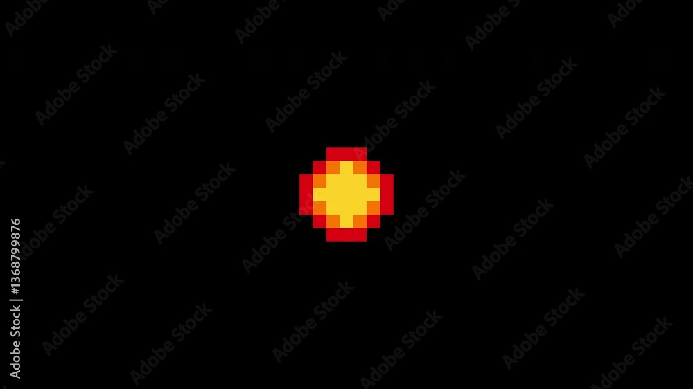 Poster 8-bit pixel art explosion animation. Transparent. Alpha channel. Flash retro video game style. Comic boom flame effect. pixel sparkle. Firework animation. green screen. Bang animated effect.