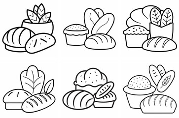 Bread Baked Food Outline Coloring Book Page Line Art Drawing Set on White Background