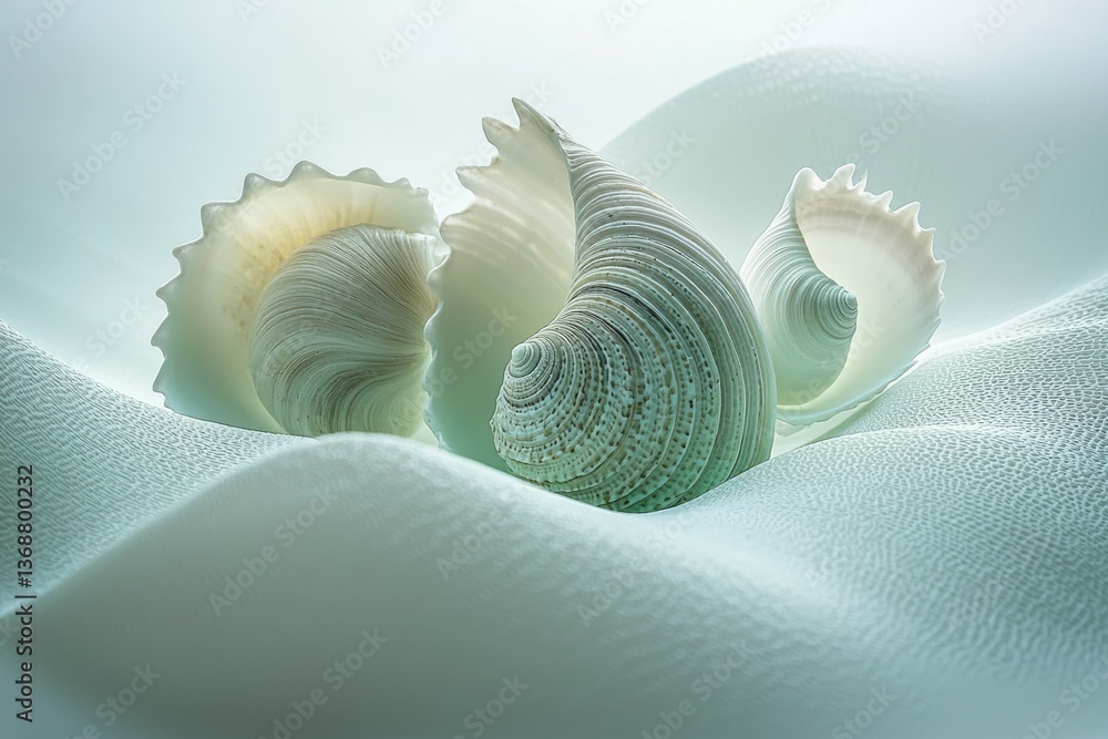 Poster three white seashell halves rest on a textured, undulating surface in a serene, minimalist, and arti
