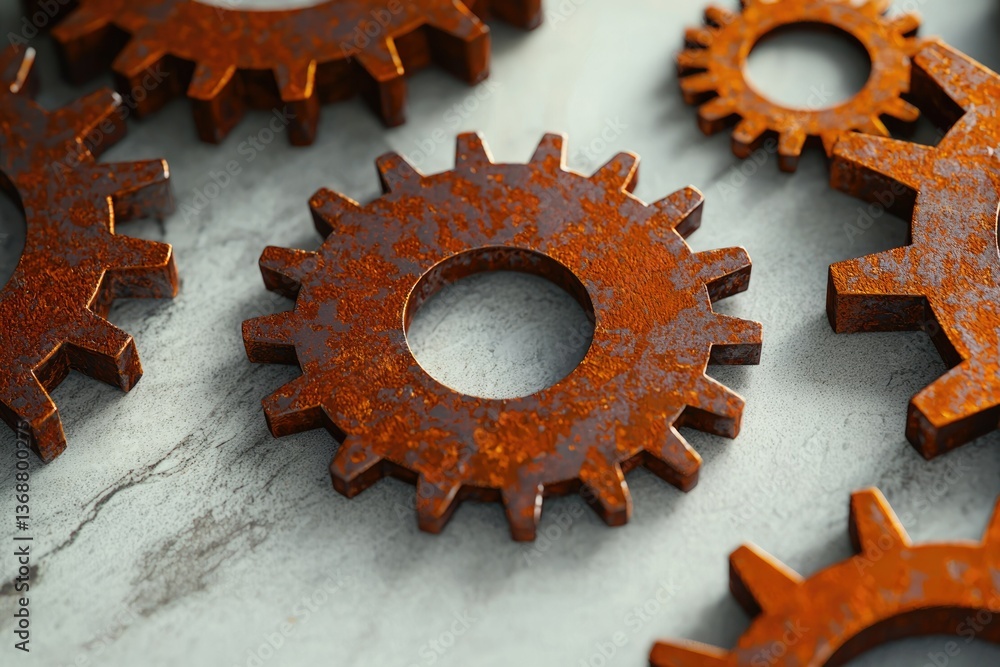 Poster rusty gears on a textured surface, showcasing aged industrial design and mechanical components with 
