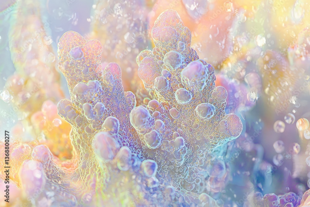 Poster a detailed close-up of soft coral, showcasing vibrant colors and delicate structures with a dreamy, 