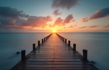 Fototapeta premium Scenic sunset view from pier with wooden planks. Calm sea water, vibrant sky reflects sun colors, clouds. Nature, travel, vacation, summer vibes, idyllic moment.