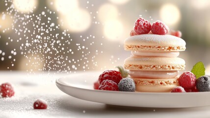 Obraz premium Delightful dessert display featuring delicate macarons and fresh berries on a festive table with soft snowfall effect