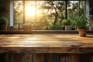 Sunlit kitchen with wooden countertop and potted herbs, showcasing a serene morning atmosphere